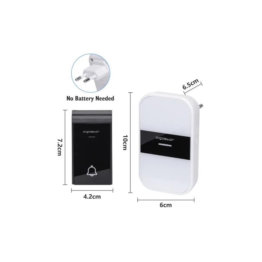 Aigostar - CONJUNTO 2x Campainha de tomada sem fios 230V IP44 branca/preta