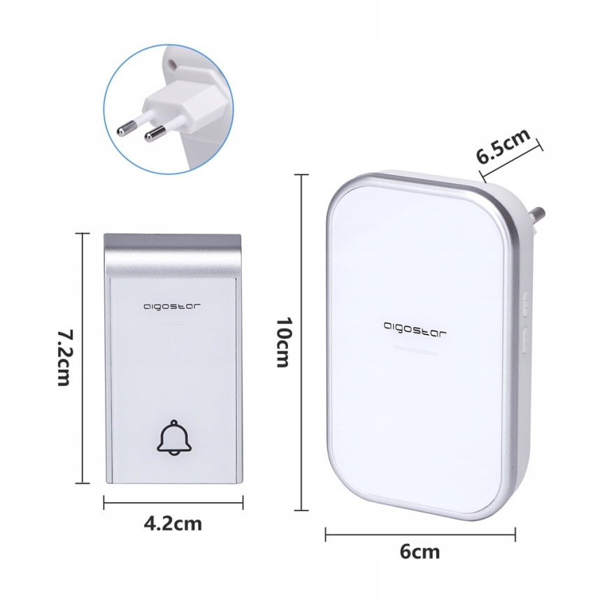 Aigostar - CONJUNTO 2x Campainhas Sem Fios Plug-in 230V/12V IP44 branco