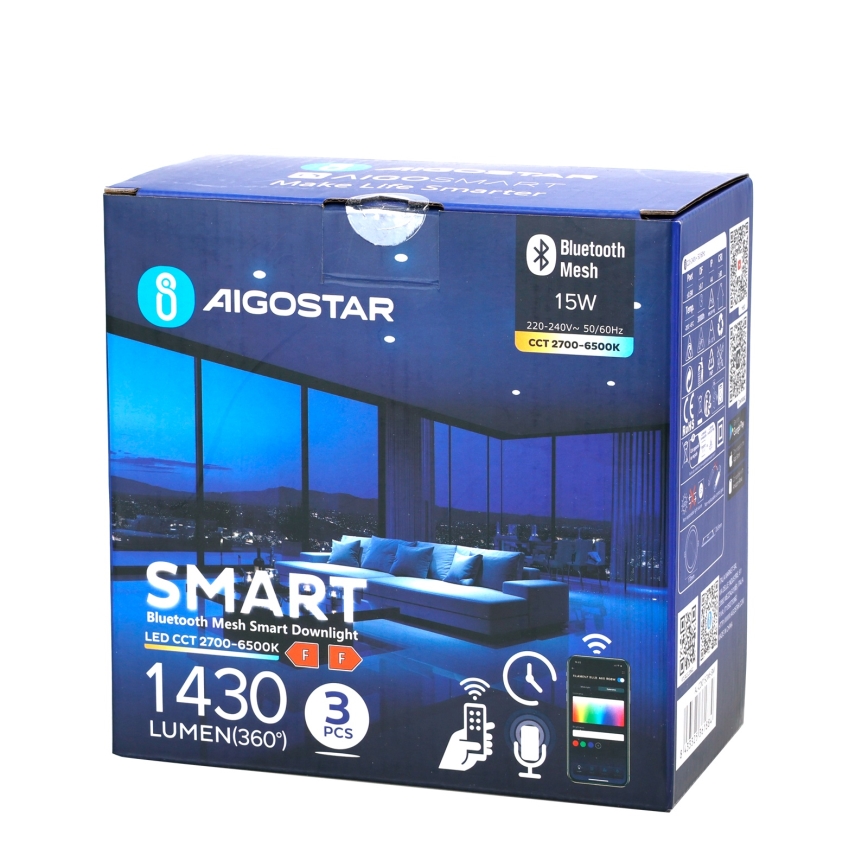 Aigostar - CONJUNTO 3x Foco de encastrar LED com regulação MESH LED/15W/230V 2700K-6500K diâmetro 17cm