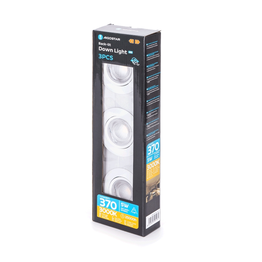 Aigostar - Conjunto de 3 luminárias de embutir LED/5W/230V 3000K Ø 8,5 cm brancas