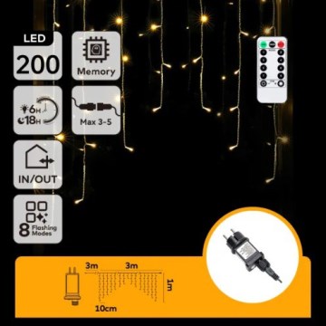 Aigostar - Cordão de luzes de Natal LED para exterior 200xLED/6W/230V/8 funções 3x1m IP44 branco quente + controlo remoto