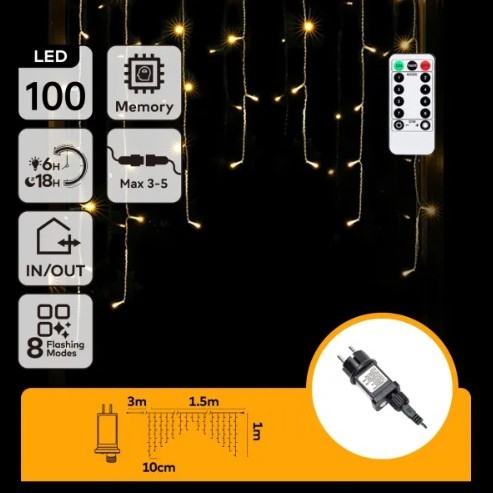 Aigostar - Cordão de luzes LED para exterior 100xLED/6W/230V/8 funções 1,5x1m IP44 branco quente + controlo remoto