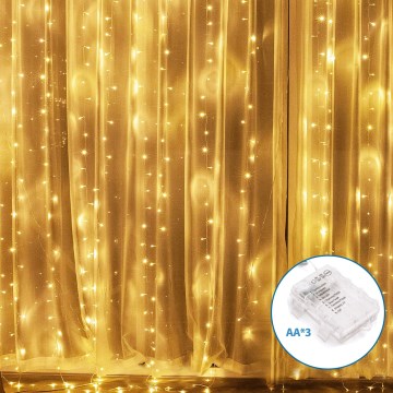 Aigostar - Cordão de Natal LED para Exterior 200xLED/8 funções 3xAA 5x2m IP44 branco quente