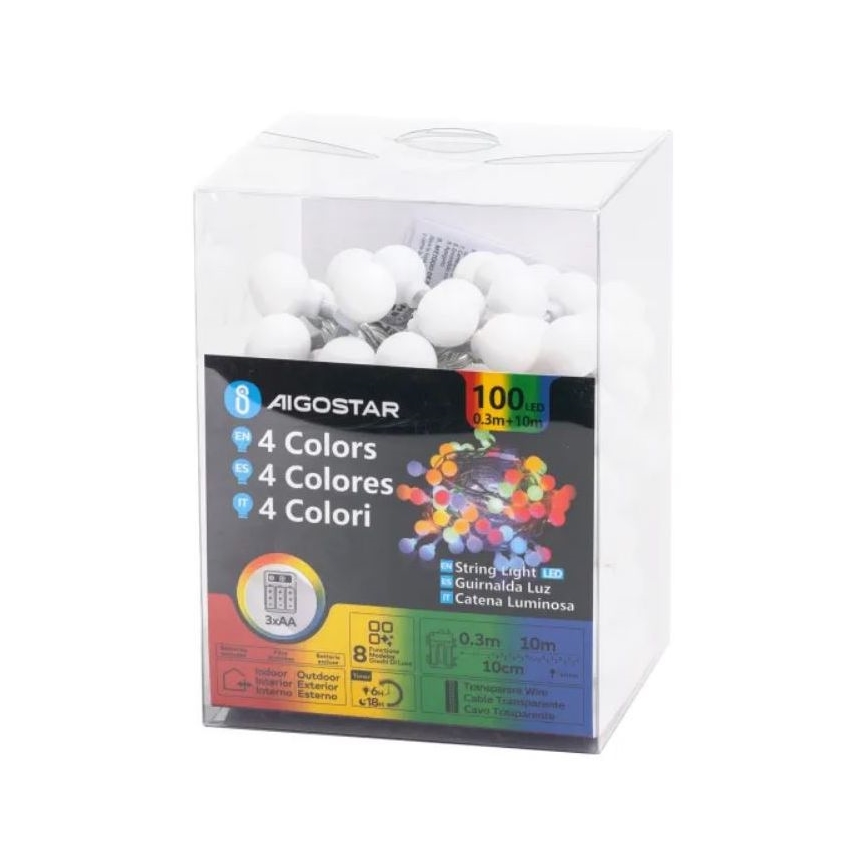 Aigostar - Corrente de Natal exterior LED RGBY 100xLED/3xAA/8 funções 10,3 m IP44