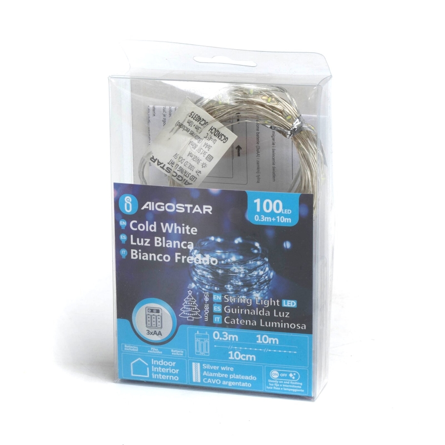 Aigostar - Corrente de Natal LED 100xLED/3xAA 10,3m branco frio