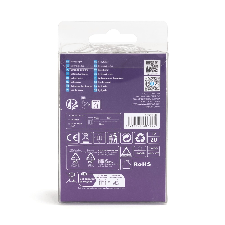 Aigostar - Corrente de Natal LED 100xLED/3xAA 10,3m branco quente