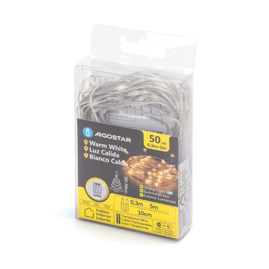 Aigostar - Corrente de Natal LED 50xLED/3xAA 5,3m branco quente