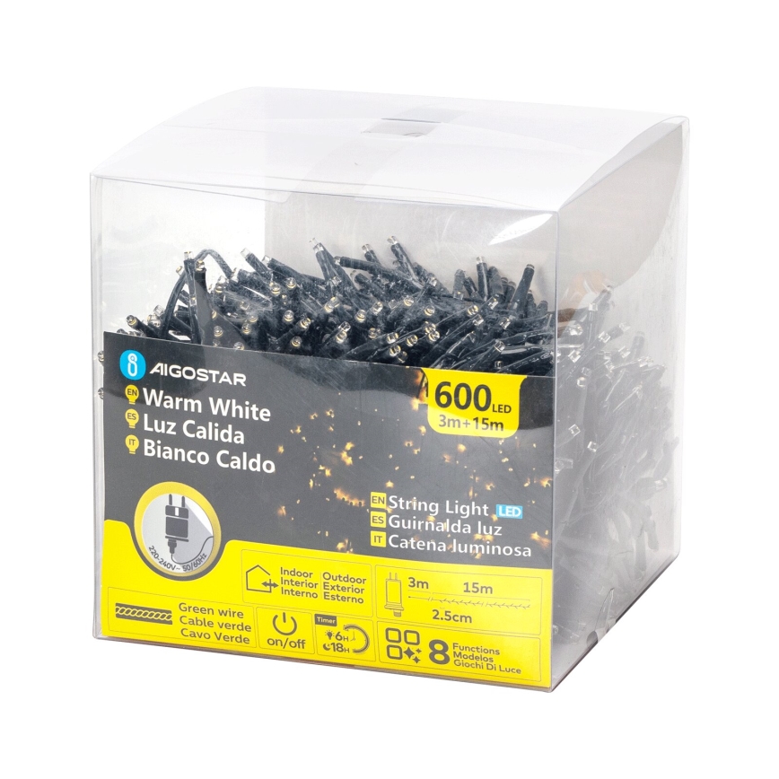Aigostar - Corrente de Natal LED para exterior 600xLED/8 funções 18m IP44 branco quente