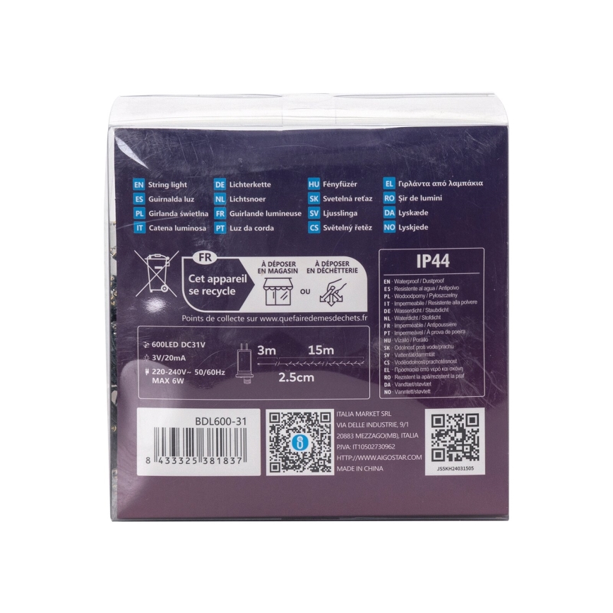 Aigostar - Corrente de Natal LED para exterior 600xLED/8 funções 18m IP44 branco quente