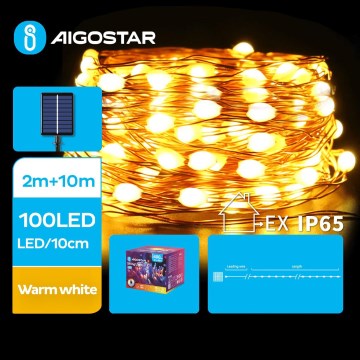 Aigostar - Corrente de Natal LED Solar 100xLED/8 funções 12m IP65 branco quente