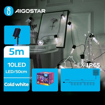 Aigostar - Corrente de Natal LED Solar 10xLED/8 funções 6,5m IP65 branco frio