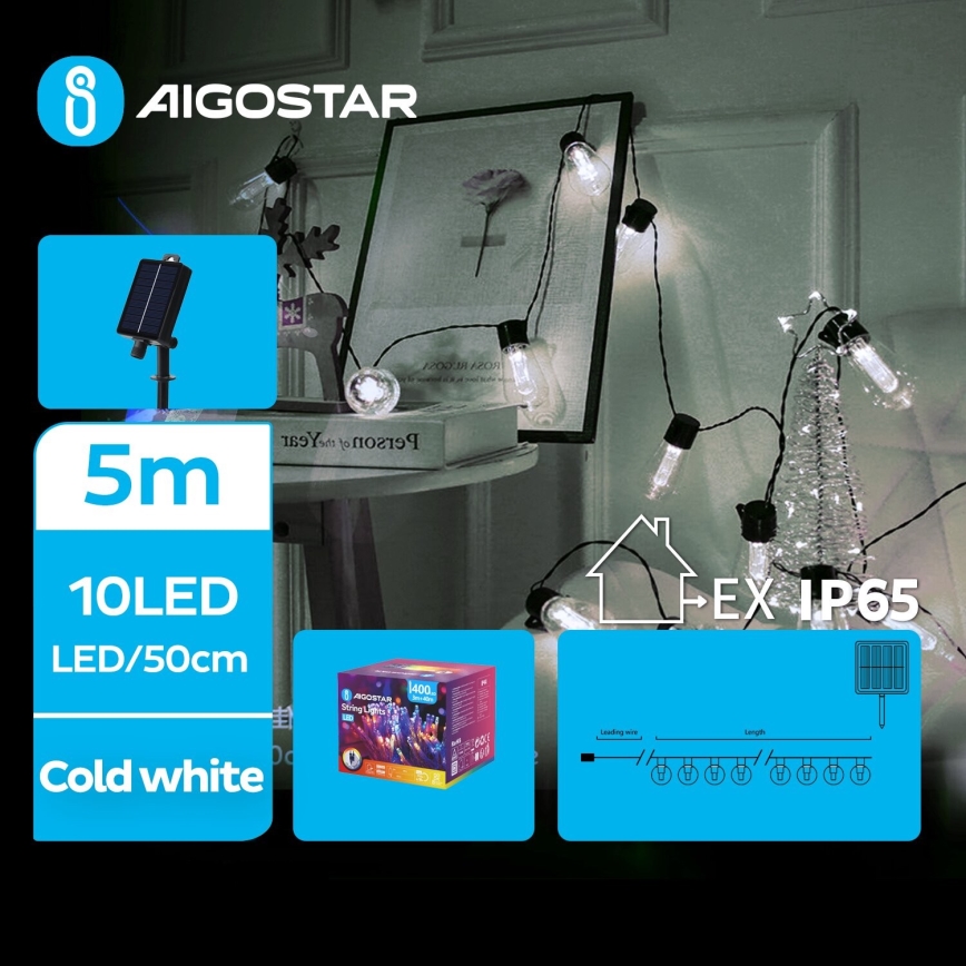 Aigostar - Corrente de Natal LED Solar 10xLED/8 funções 6,5m IP65 branco frio