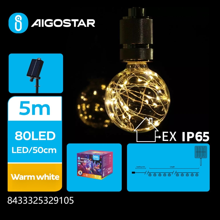 Aigostar - Corrente de Natal LED Solar 10xLED/8 funções 6,5m IP65 branco quente