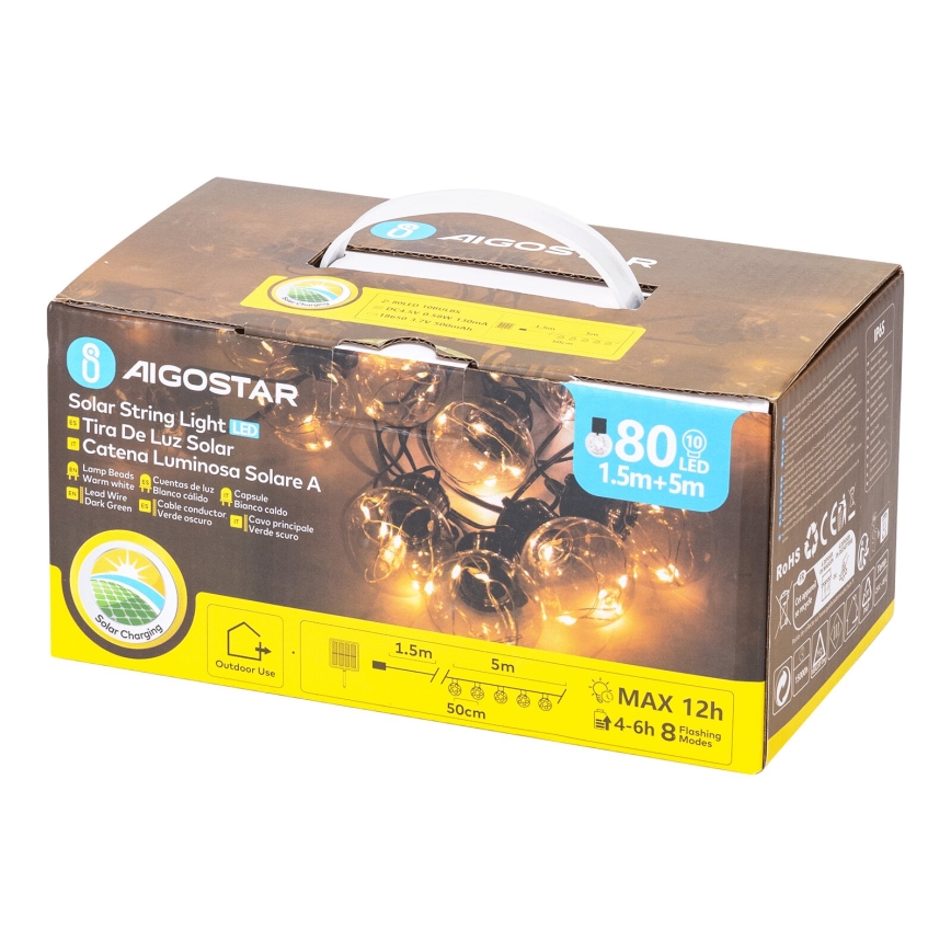 Aigostar - Corrente de Natal LED Solar 10xLED/8 funções 6,5m IP65 branco quente