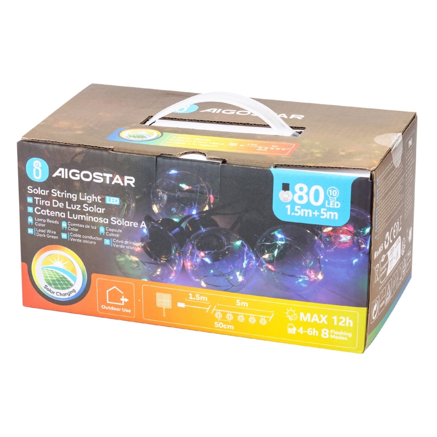 Aigostar - Corrente de Natal LED Solar 10xLED/8 funções 6,5m IP65 multicolorida