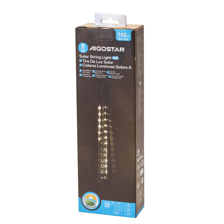 Aigostar - Corrente de Natal LED Solar 192xLED/8m IP65 branco frio