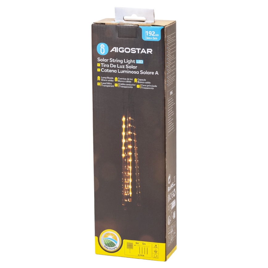 Aigostar - Corrente de Natal LED Solar 192xLED/8m IP65 branco quente