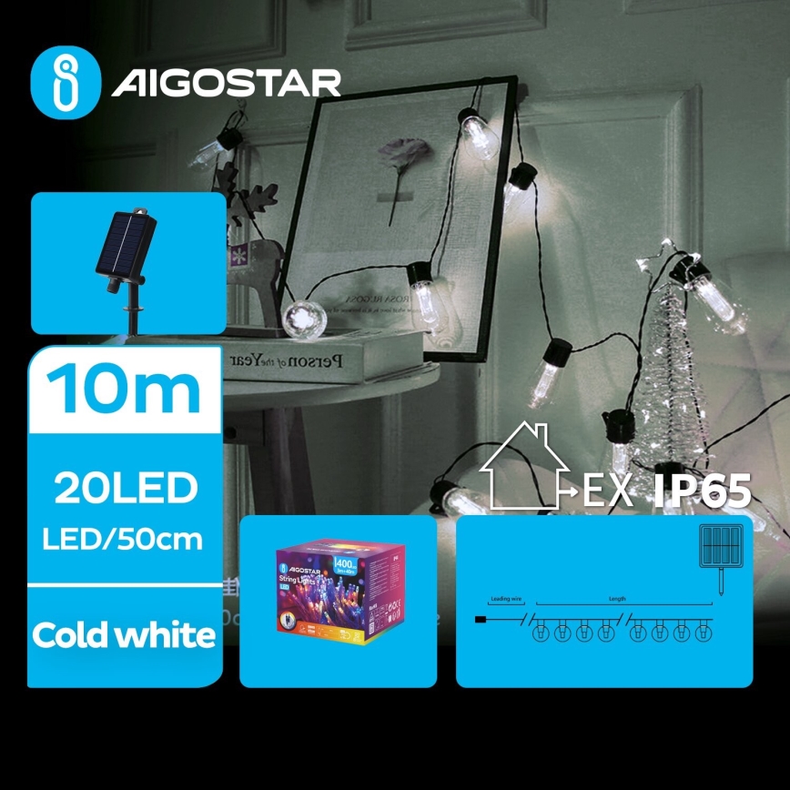 Aigostar - Corrente de Natal LED Solar 20xLED/8 funções 11,5m IP65 branco frio