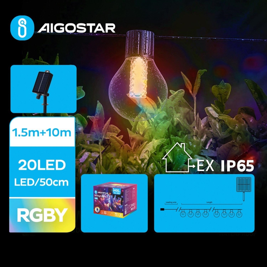 Aigostar - Corrente de Natal LED Solar 20xLED/8 funções 11,5m IP65 multicolorida