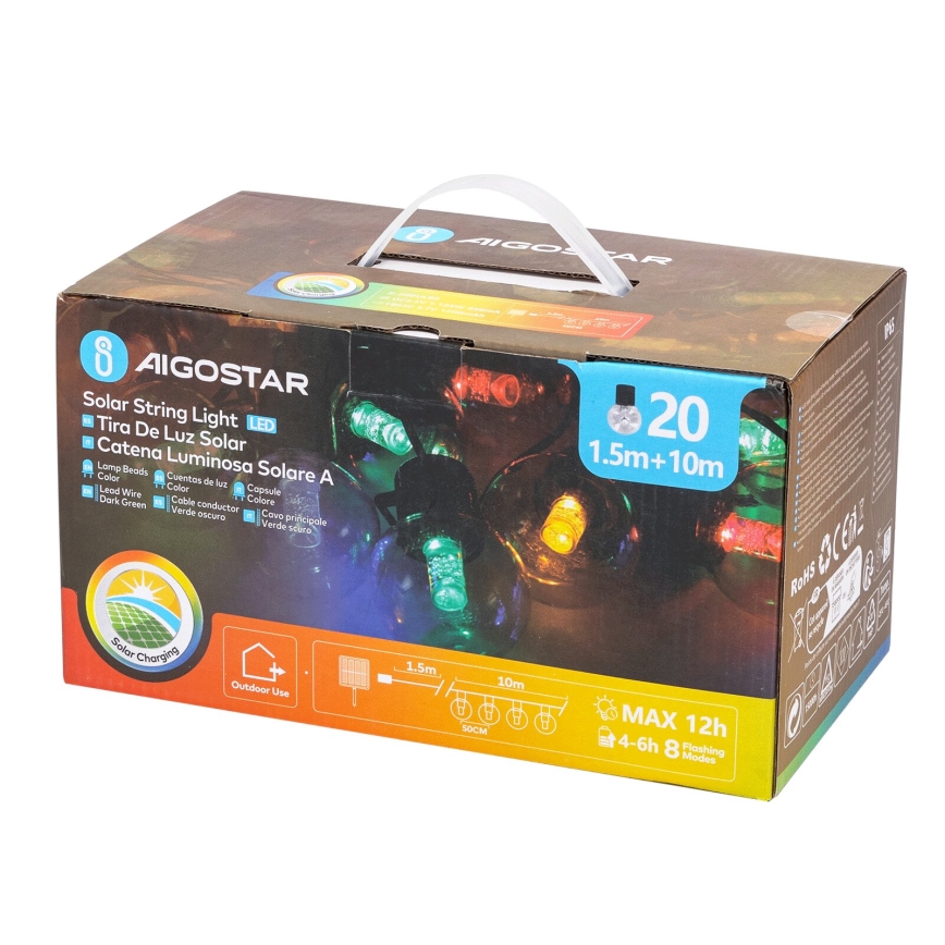 Aigostar - Corrente de Natal LED Solar 20xLED/8 funções 11,5m IP65 multicolorida