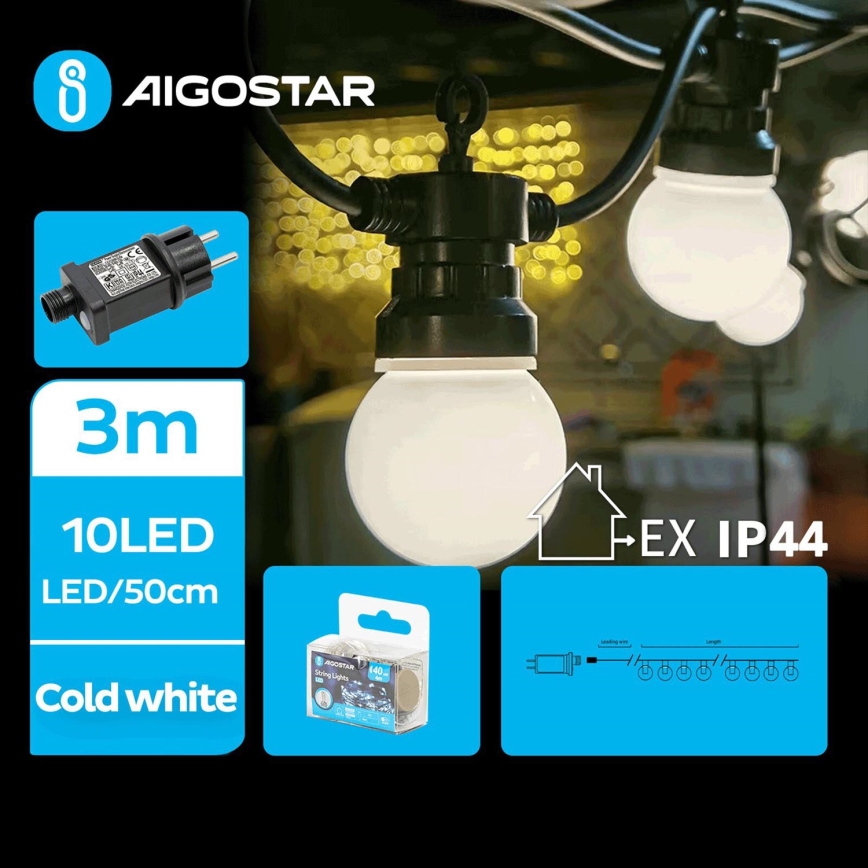 Aigostar - Corrente decorativa exterior LED 10xLED/3m IP44 branco frio
