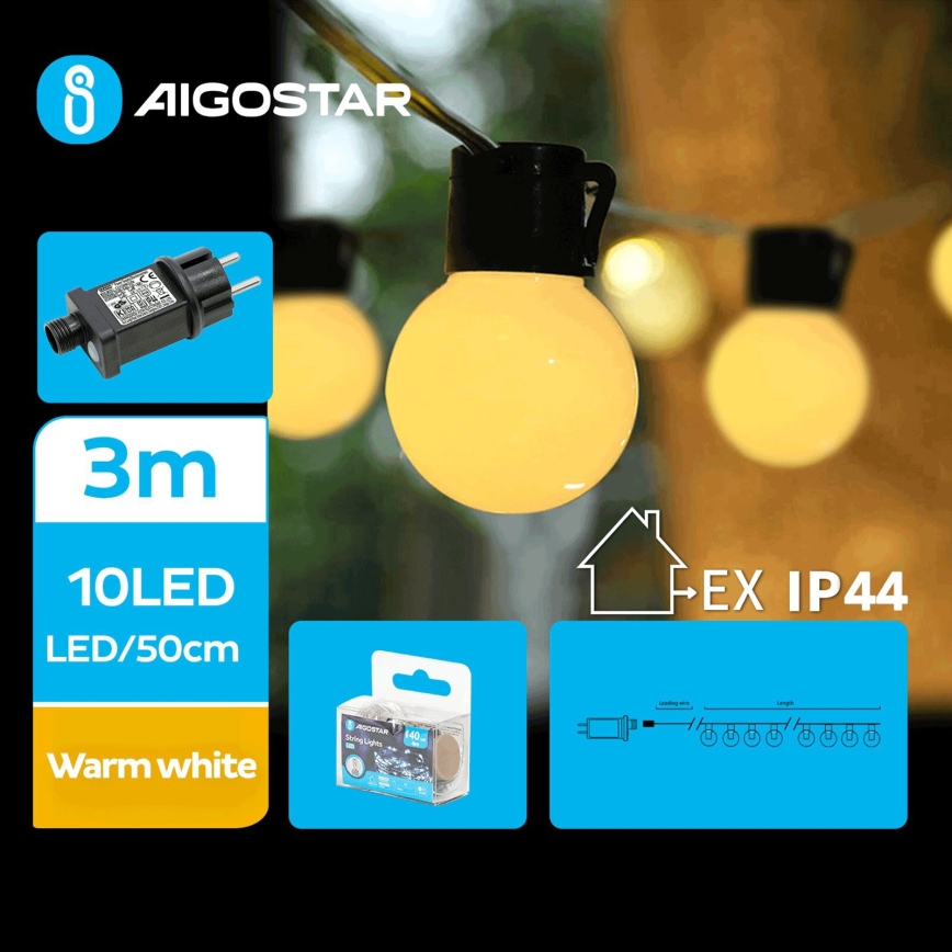 Aigostar - Corrente decorativa exterior LED 10xLED/3m IP44 branco quente