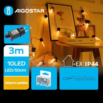 Aigostar - Corrente decorativa exterior LED 10xLED/3m IP44 branco quente