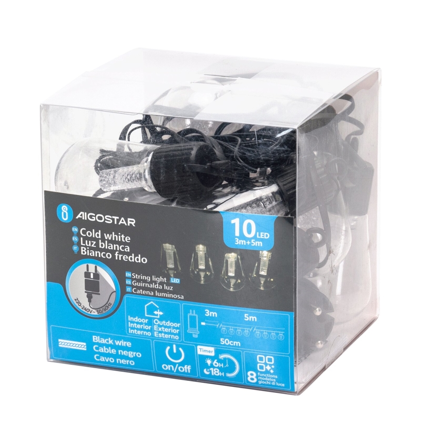 Aigostar - Corrente decorativa exterior LED 10xLED/8m IP44 branco frio