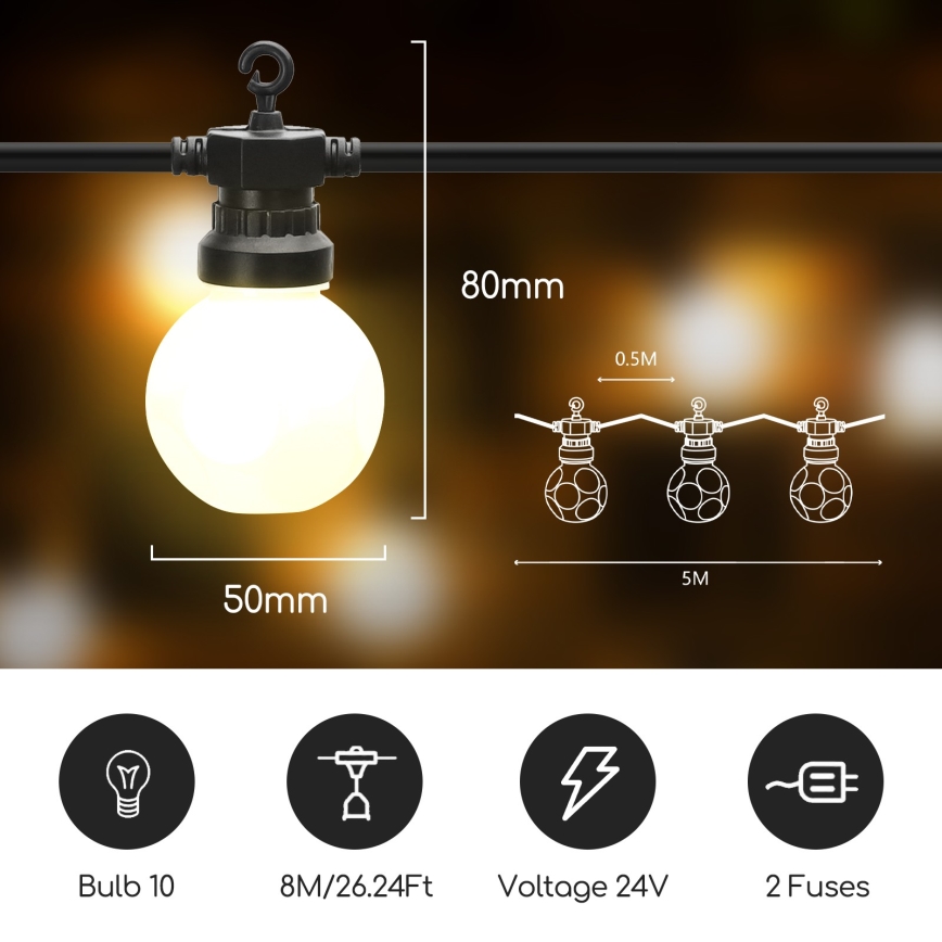 Aigostar - Corrente decorativa exterior LED 10xLED/8m IP44 branco quente
