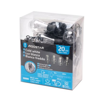 Aigostar - Corrente decorativa exterior LED 20xLED/13m IP44 branco frio