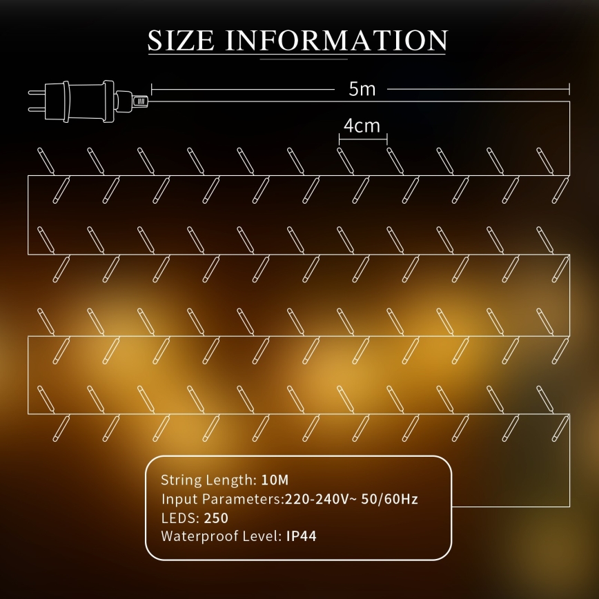 Aigostar - Corrente decorativa exterior LED 250xLED/10m IP44 branco quente