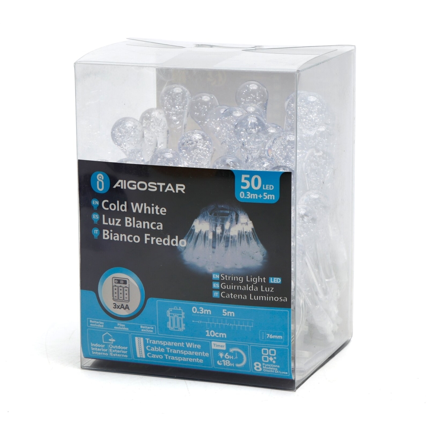 Aigostar - Corrente decorativa exterior LED 50xLED/8 funções 5,3m IP44 branco frio