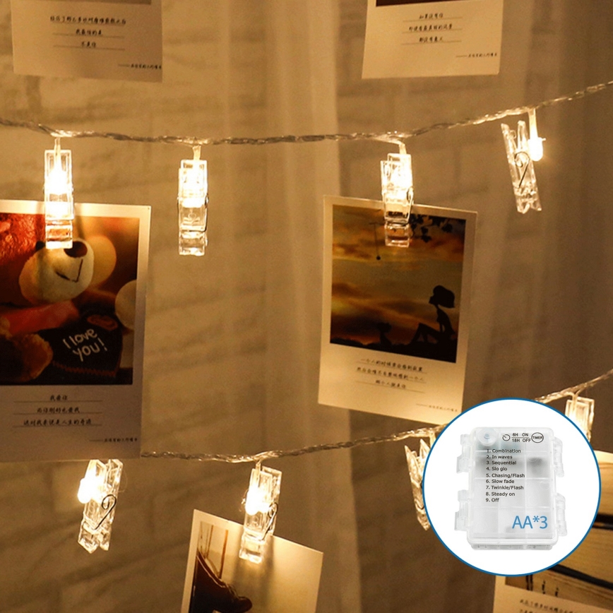 Aigostar - Corrente decorativa LED com cavilhas 20xLED/3xAA 3,3m branco quente