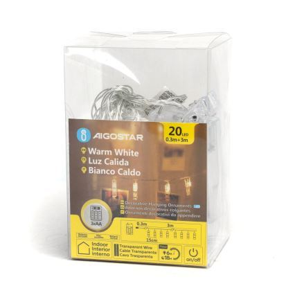 Aigostar - Corrente decorativa LED com cavilhas 20xLED/3xAA 3,3m branco quente