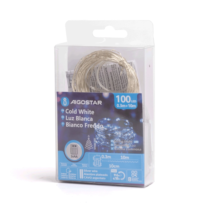 Aigostar - Corrente exterior de Natal LED 100xLED/8 funções 10,3m IP44 branco frio