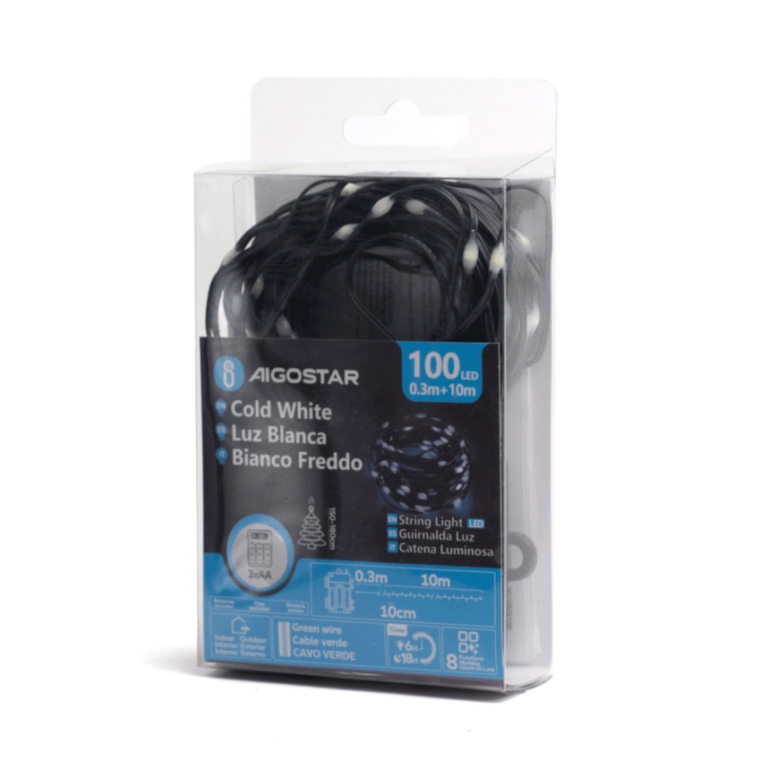 Aigostar - Corrente exterior de Natal LED 100xLED/8 funções 10,3m IP44 branco frio