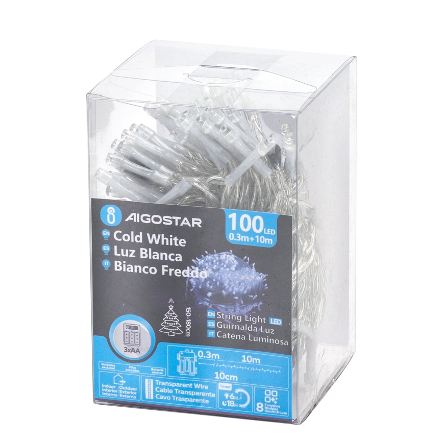 Aigostar - Corrente exterior de Natal LED 100xLED/8 funções 10,3m IP44 branco frio