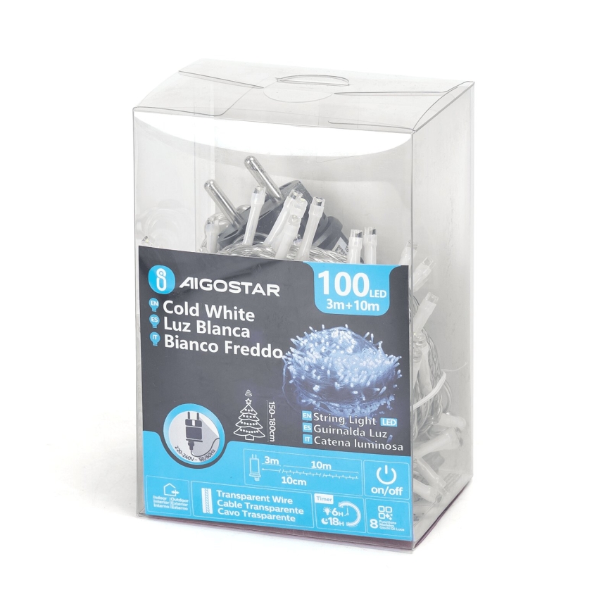 Aigostar - Corrente exterior de Natal LED 100xLED/8 funções 13m IP44 branco frio
