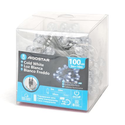 Aigostar - Corrente exterior de Natal LED 100xLED/8 funções 13m IP44 branco frio