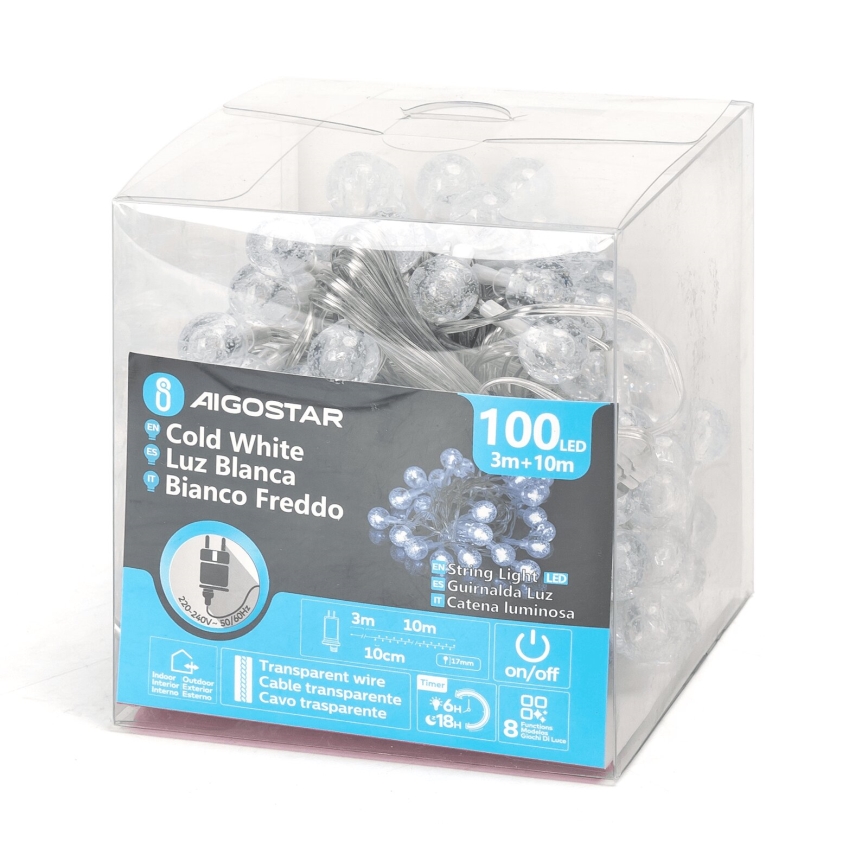 Aigostar - Corrente exterior de Natal LED 100xLED/8 funções 13m IP44 branco frio