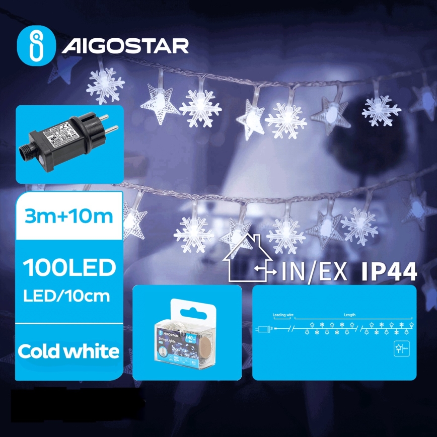 Aigostar - Corrente exterior de Natal LED 100xLED/8 funções 13m IP44 branco frio