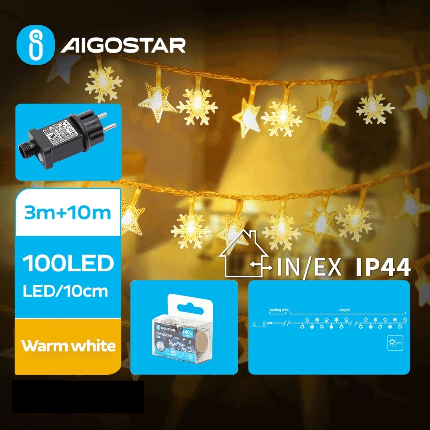 Aigostar - Corrente exterior de Natal LED 100xLED/8 funções 13m IP44 branco quente