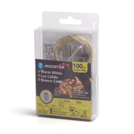 Aigostar -Corrente exterior de Natal LED 100xLED/8 funções 3xAA 10,3m IP44 branco quente