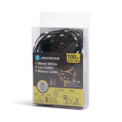 Aigostar - Corrente exterior de Natal LED 100xLED/8 funções 3xAA 10,3m IP44 branco quente