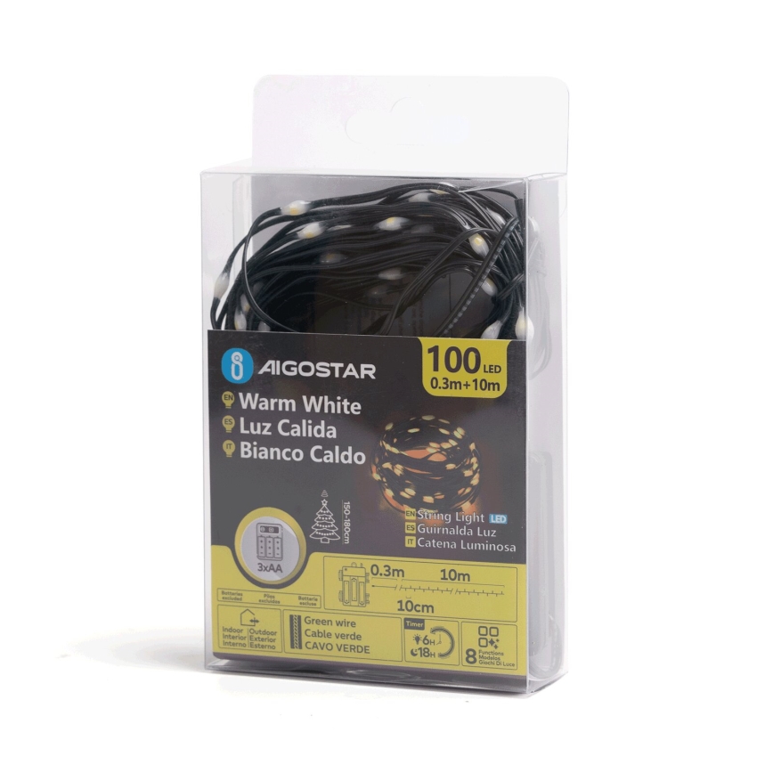 Aigostar - Corrente exterior de Natal LED 100xLED/8 funções 3xAA 10,3m IP44 branco quente