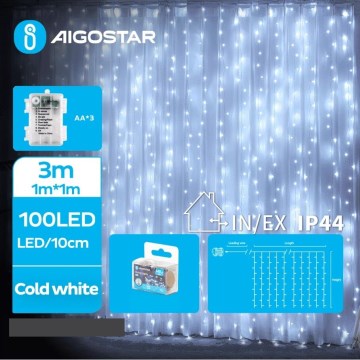 Aigostar - Corrente exterior de Natal LED 100xLED/8 funções 3xAA 4x1m IP44 branco frio