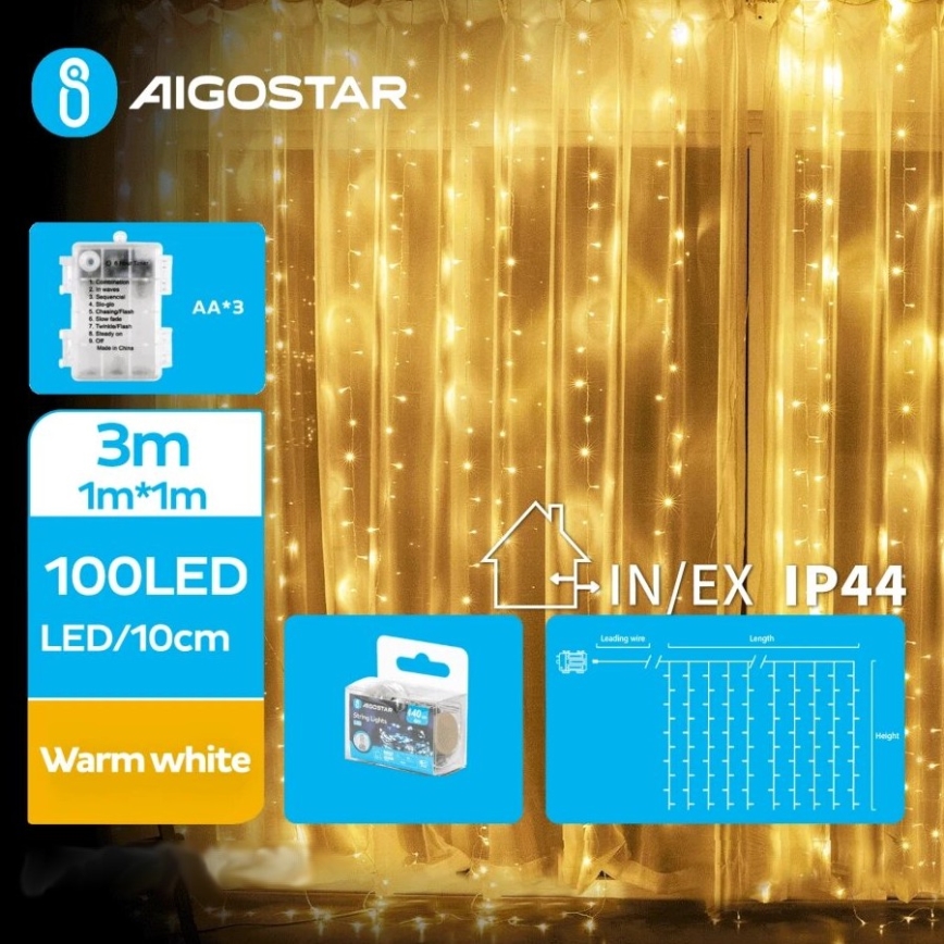 Aigostar - Corrente exterior de Natal LED 100xLED/8 funções 3xAA 4x1m IP44 branco quente
