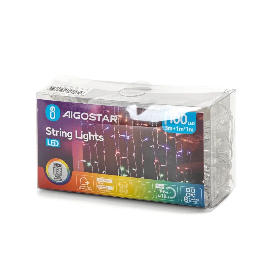 Aigostar - Corrente exterior de Natal LED 100xLED/8 funções 3xAA 4x1m IP44 multicolor