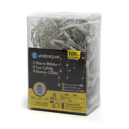 Aigostar-Corrente exterior de Natal LED 100xLED/8 funções 3xAA 8x0,6m IP44 branco quente