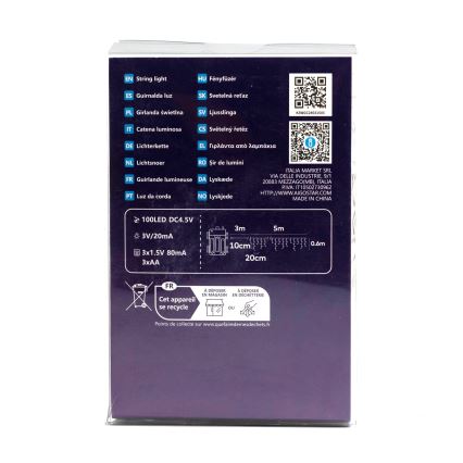 Aigostar-Corrente exterior de Natal LED 100xLED/8 funções 3xAA 8x0,6m IP44 branco quente